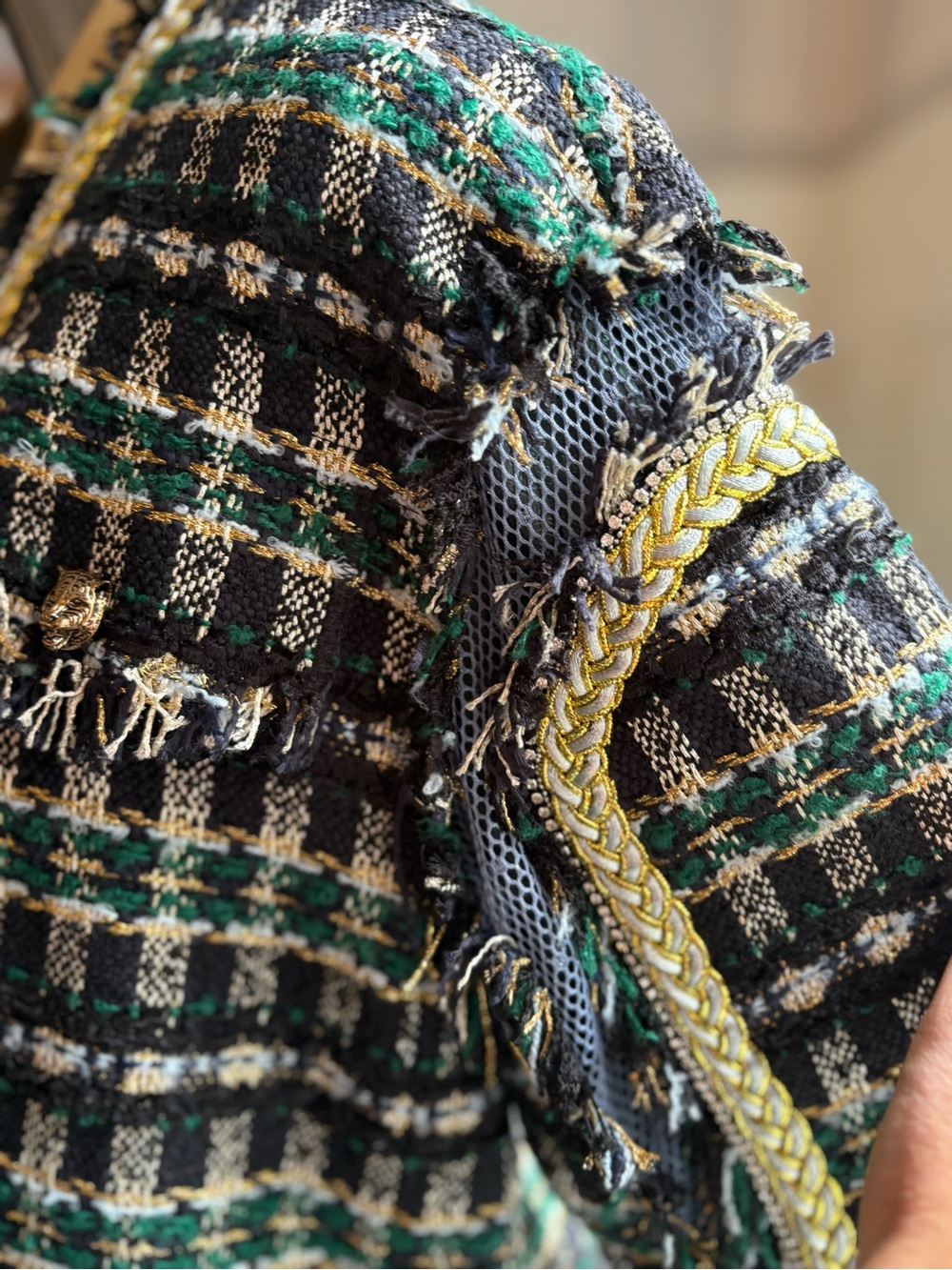Fiona Chen Fringed Tweed Open Cardigan Jacket - Black, Green, Cream - Picture 5 of 11